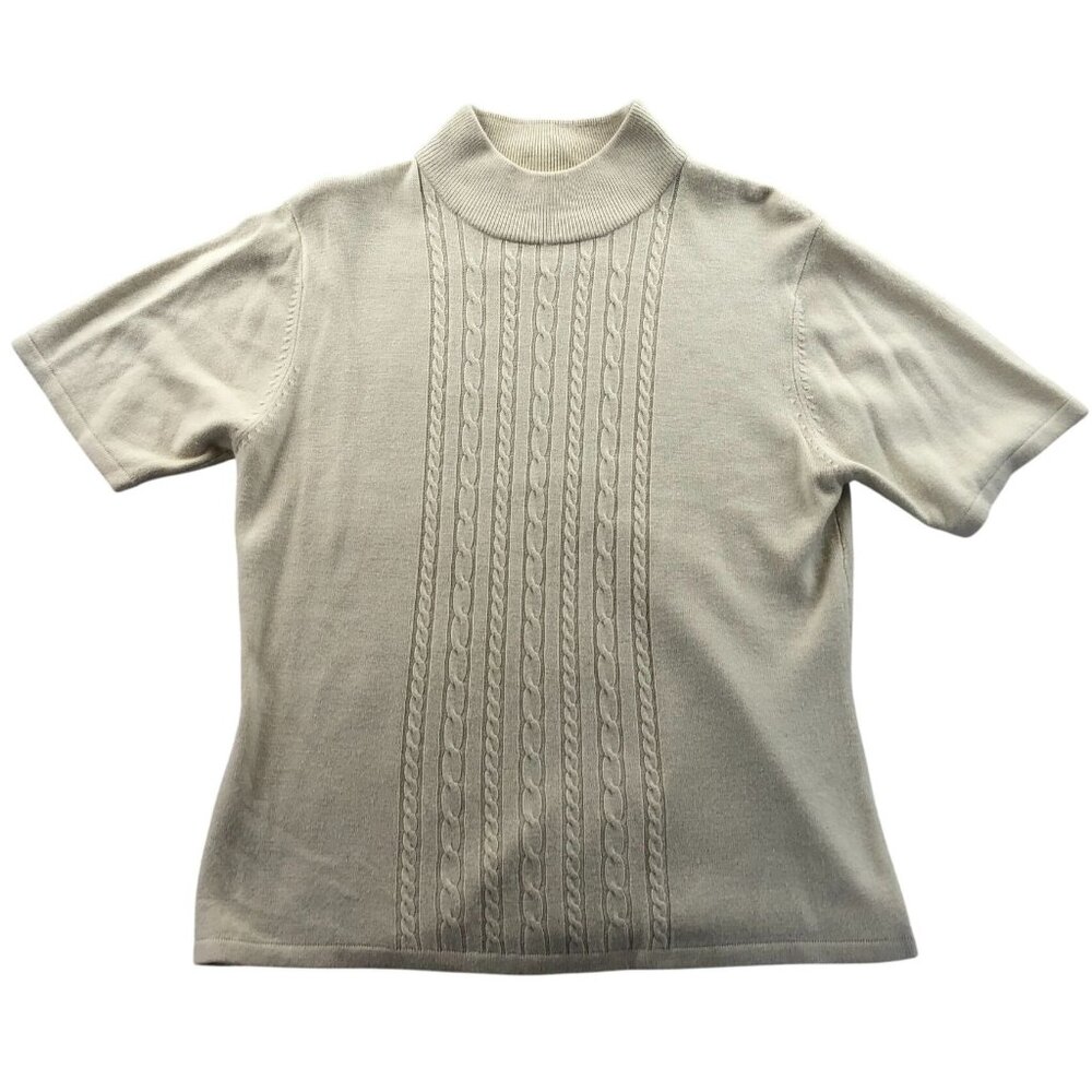 N Touch Womens Sweater Medium Cream Short Sleeve Mock Neck Cable Knit Pullover